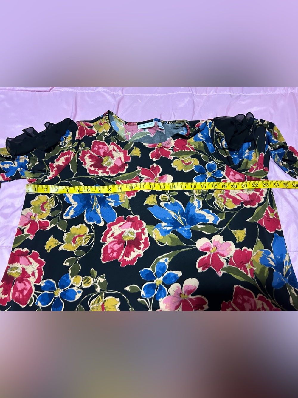 Susan Graver Liquid Knit Blouse Top Size XL Colorful Floral Ruffle Feminine - Picture 5 of 7